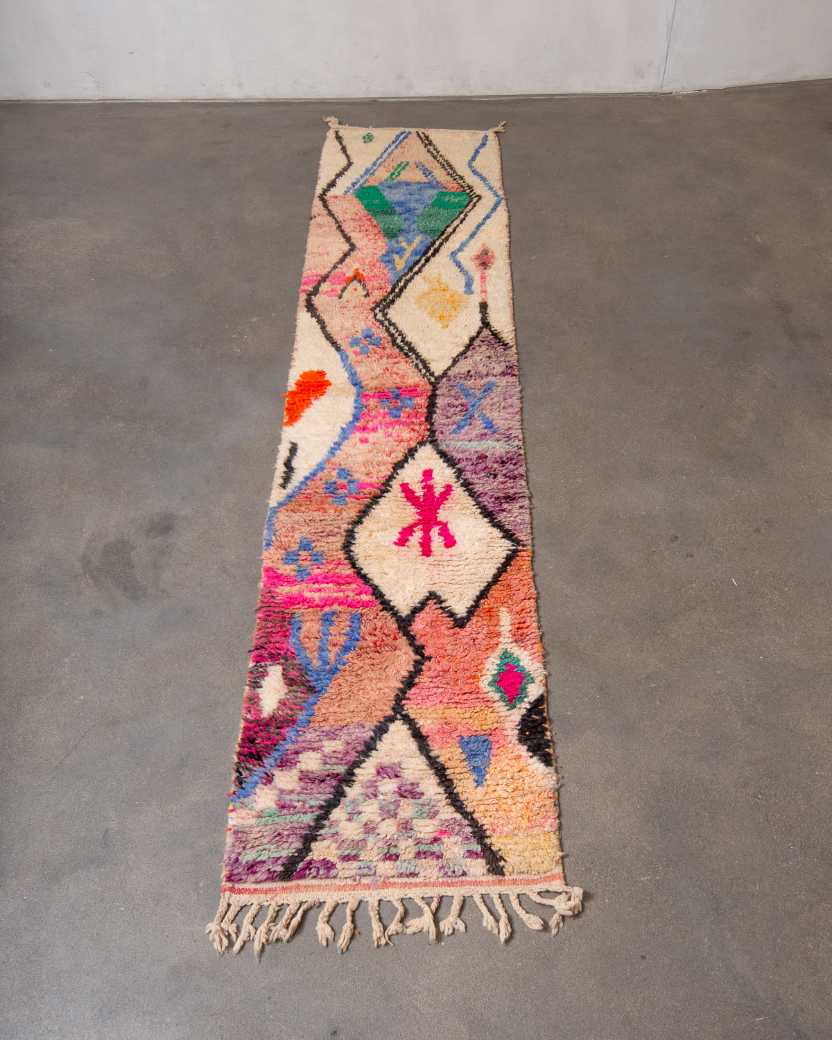Modern, designer, handcrafted Berber runner rug from Morocco. Vintage carpet with beautiful colours and patterns and fluffy texture.